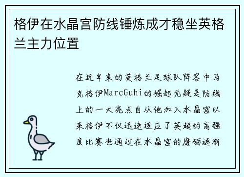 格伊在水晶宫防线锤炼成才稳坐英格兰主力位置