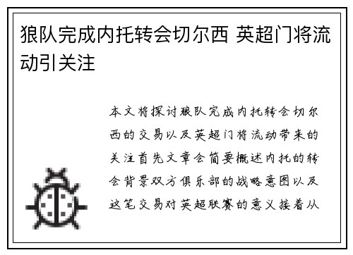 狼队完成内托转会切尔西 英超门将流动引关注